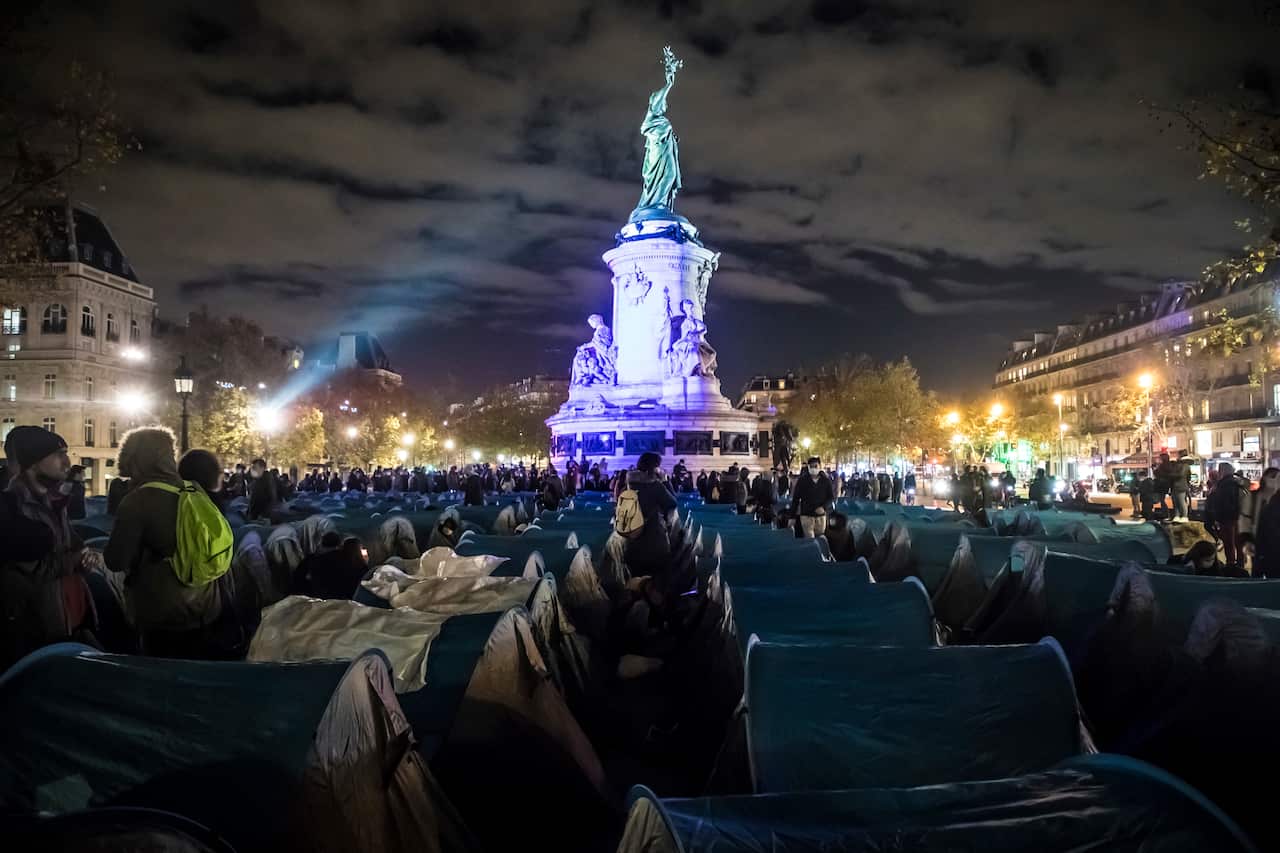 The migrant camp at Place de la Republique emerged just a week after police had cleared out a bigger, illegal migrant campsite near the national sports stadium.