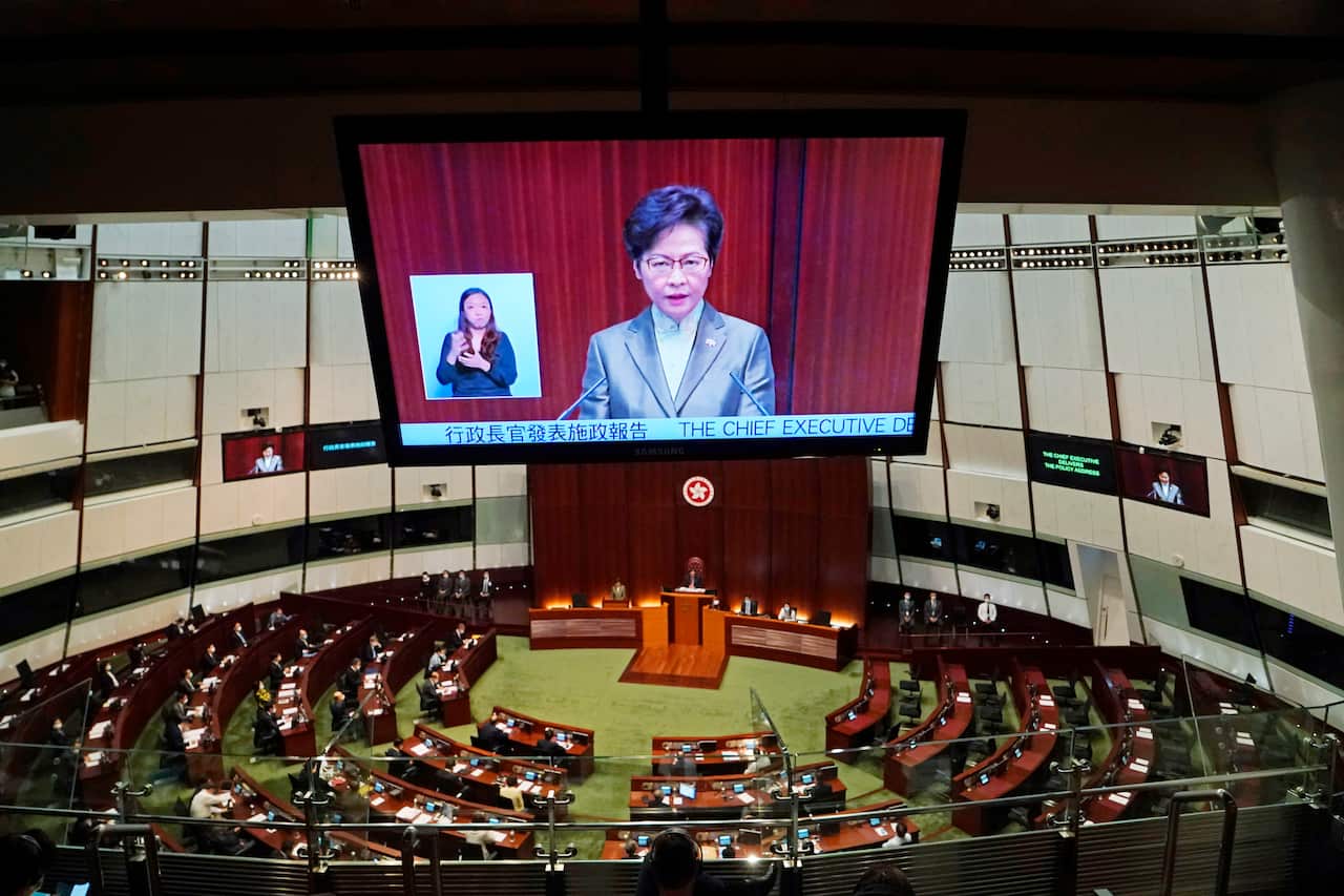 Hong Kong Chief Executive Carrie Lam at the Legislative Council in Hong Kong, Wednesday, Nov. 25, 2020