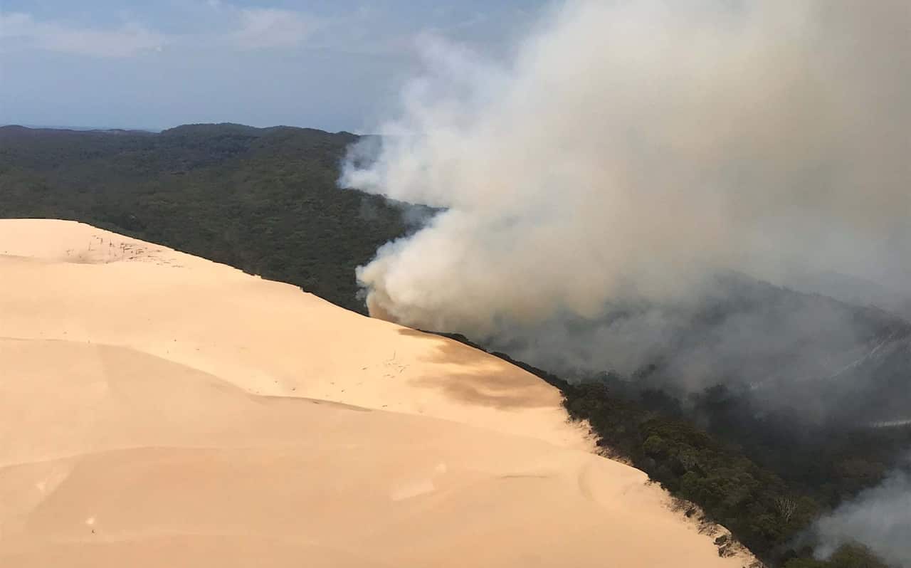 An aerial image of the K'gari/Fraser Island fire captured on Monday, 30 November, 2020.