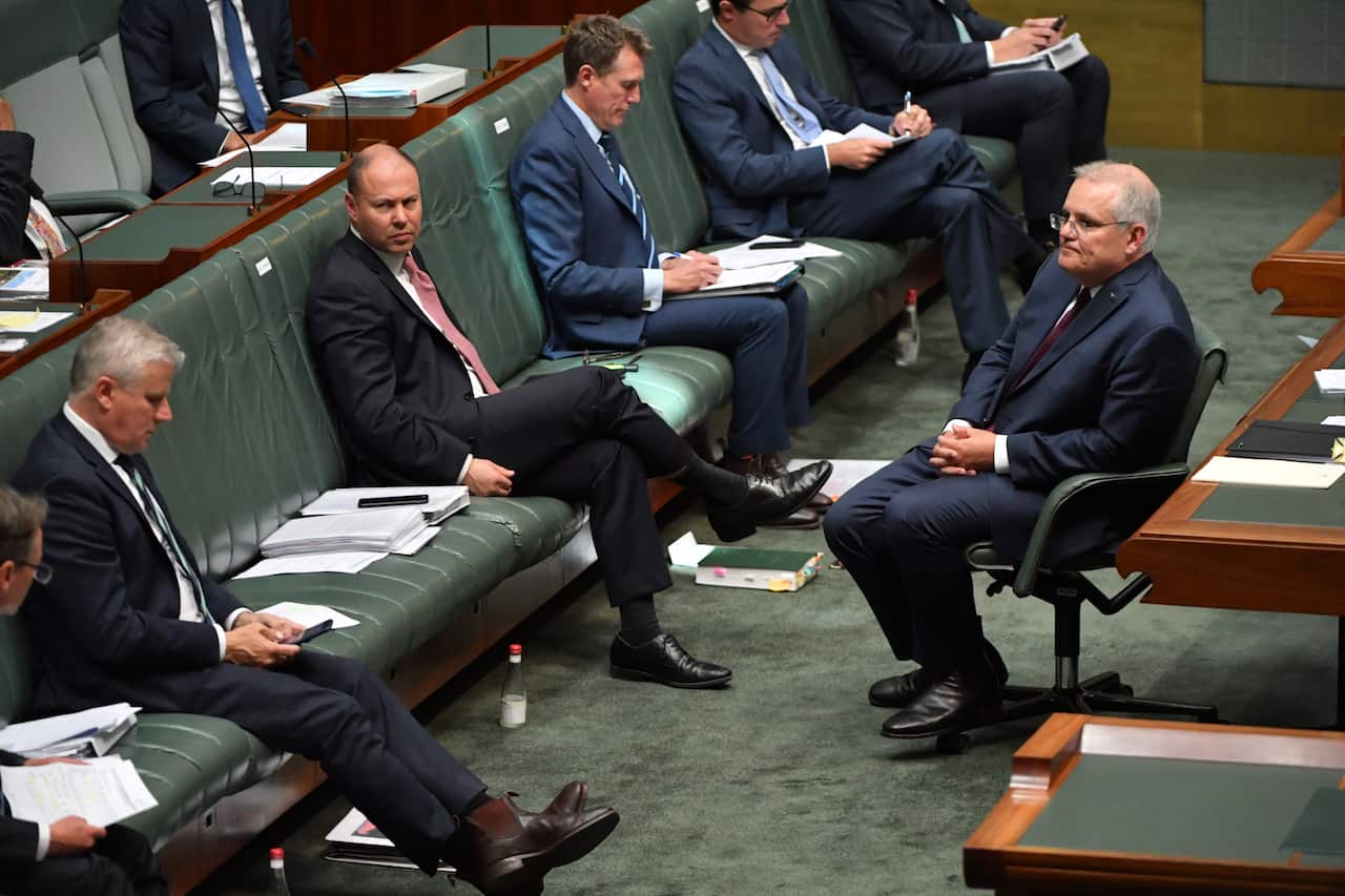 Prime Minister Scott Morrison and Treasurer Josh Frydenberg during Question Time in the House of Representatives.