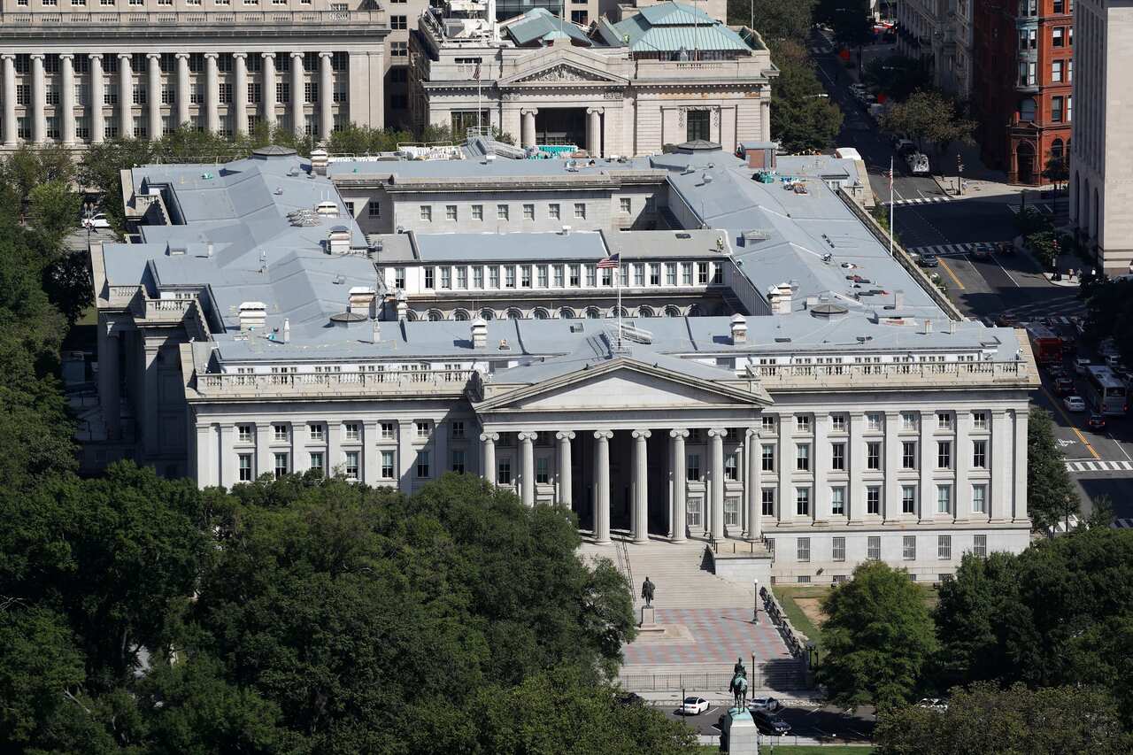 The US Treasury Department building viewed from the Washington Monument.