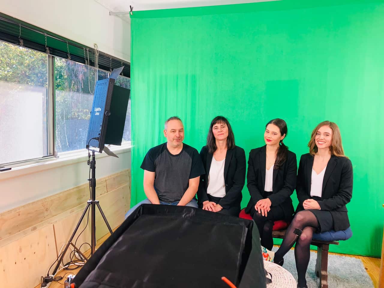 Giordano Naani (left), partner and voice-actor Lucy Cahill, actors Zoë Amanda Wilson and Ellen Burbidge.