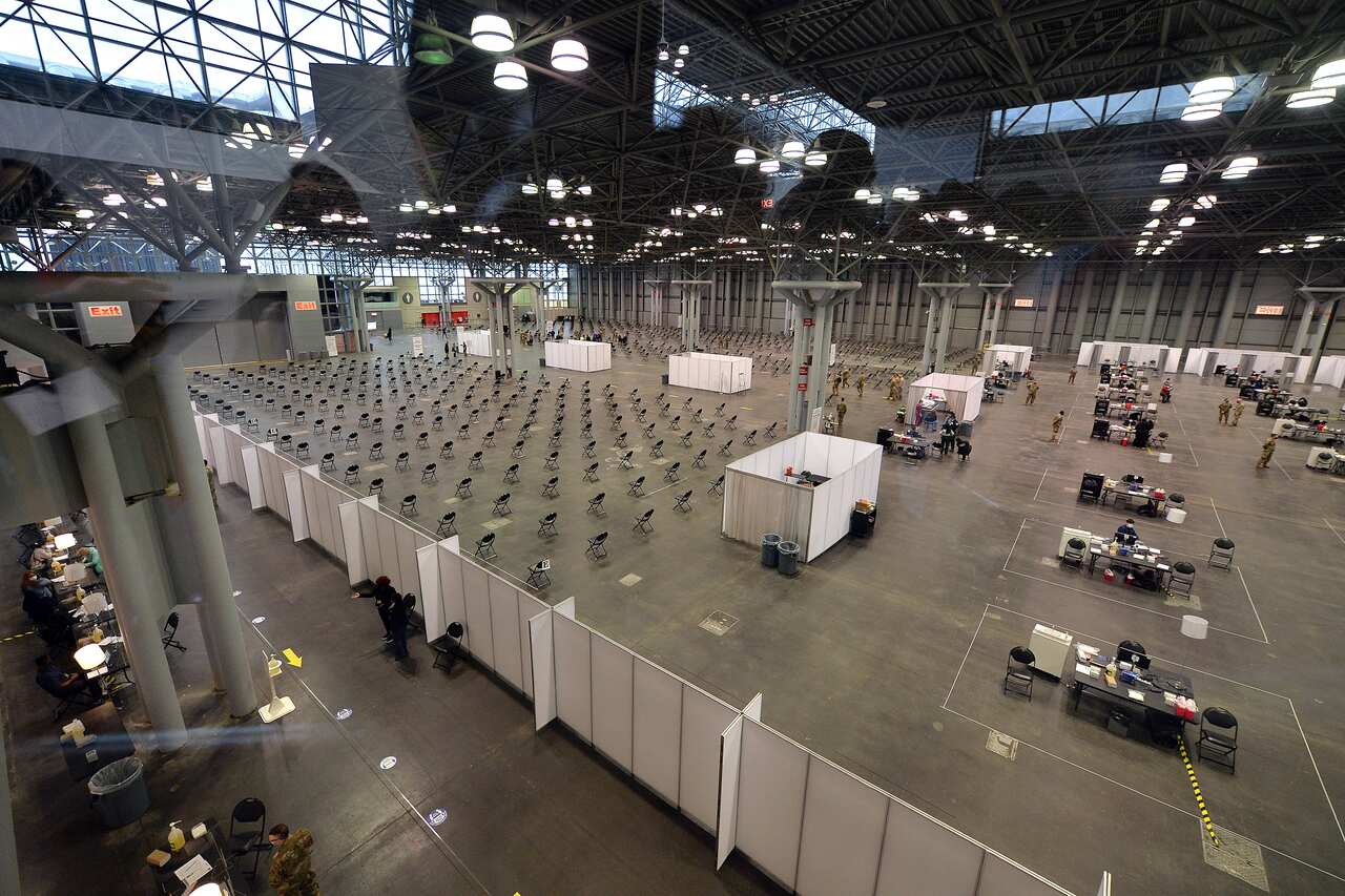 A top view of the Jacob K. Javits Convention Center vaccination area as it opens today as a state-run COVID-19 vaccine site, New York,.