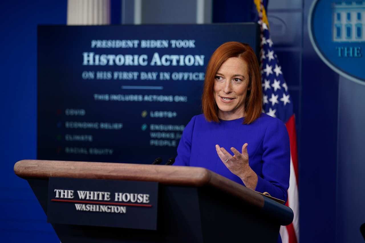 White House press secretary Jen Psaki speaks during her first press briefing at the White House, Wednesday, Jan. 20, 2021, in Washington. (AP Photo/Evan Vucci)