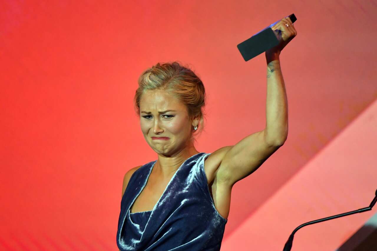 Grace Tame accepting the Australian of the Year award in Canberra earlier this year. 