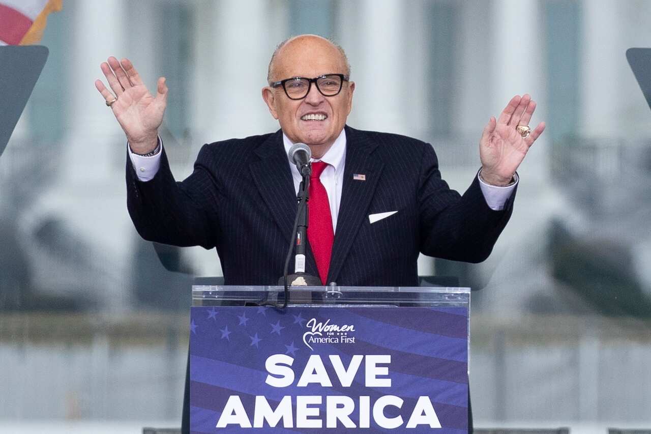  Rudy Giuliani speaks at a rally on the Ellipse near the White House in Washington DC, just hours before the Capitol riots