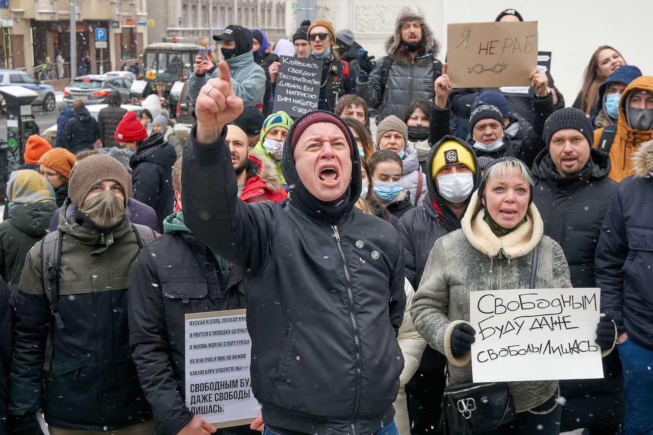 Russian protesters take to Moscow’s streets on 31 January in support of the opposition leader Alexey Navalny who was arrested when he returned from Germany.