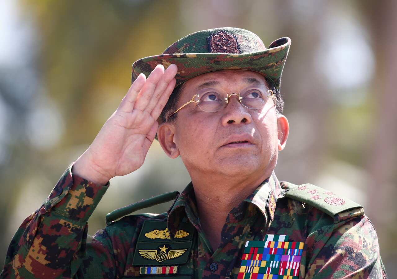 Aung Hlaing salutes during a military exercises in the Ayeyarwaddy delta region in Myanmar, 3 February 2018