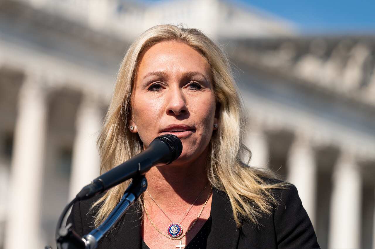 February 5, 2021 - Washington, DC, United States: U.S. Representative Marjorie Taylor Greene (R-GA) speaking at a press conference just outside the Capitol at the House Triangle. (Photo by Michael Brochstein/Sipa USA)