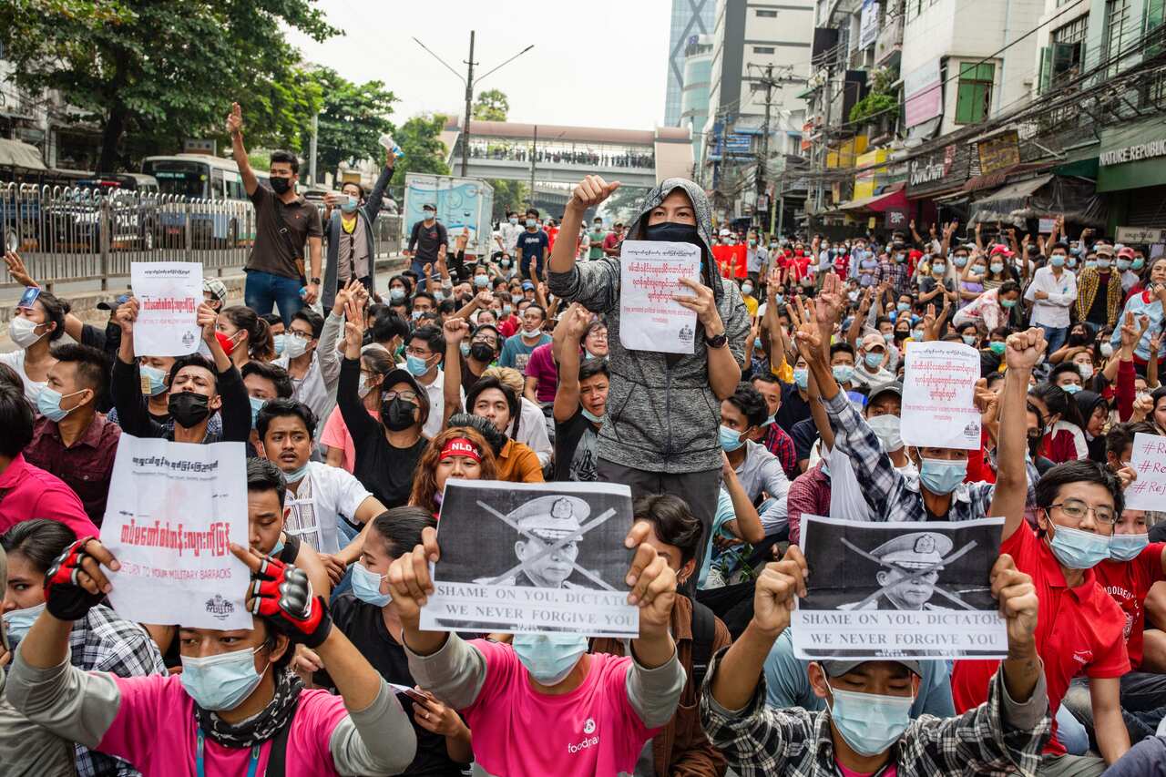 Protesters on Saturday in Yangon during a demonstration against the military coup