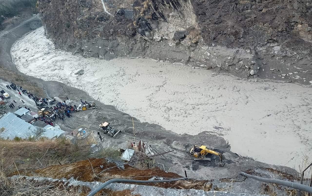 A view of a rescue operation near the Dhauliganga hydro power project after a portion of Nanda Devi glacier broke off in northern India.