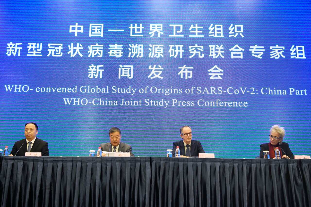Members of the World Health Organisation's team investigating the origins of the coronavirus pandemic attend a press conference in Wuhan.