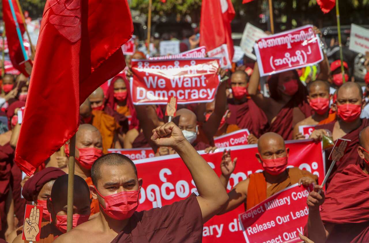 Buddhist monks during a protest march against the military coup in Mandalay, Myanmar on Wednesday, February 10, 2021