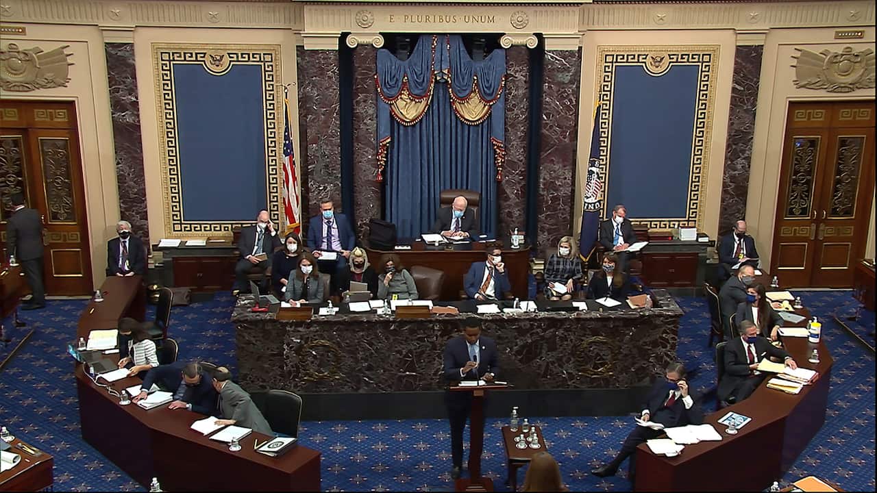 In this image from video, House impeachment manager Joe Neguse speaks at the second impeachment trial of Donald Trump in the Senate in Washington on Wednesday.