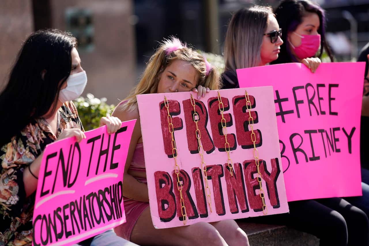 Britney Spears supporters outside a court hearing concerning the pop singer's conservatorship at the Stanley Mosk Courhouse, 11 February 2021.  