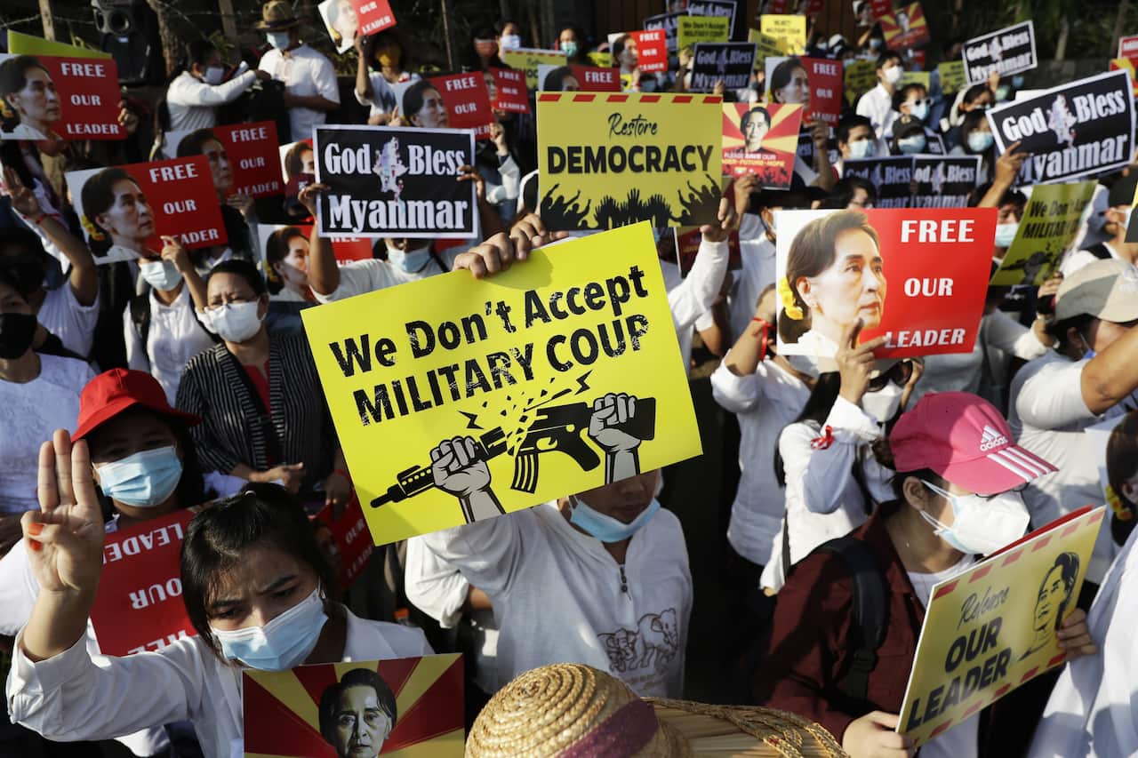 Protesters call for the release of Aung San Suu Kyi, outside the Embassy of the United States of America