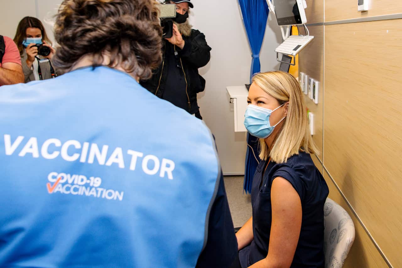 Nurse Annabel Thomas was among the first to receive the Pfizer Vaccine at the Royal Adelaide Hospital in Adelaide, Monday, 22 February, 2021.