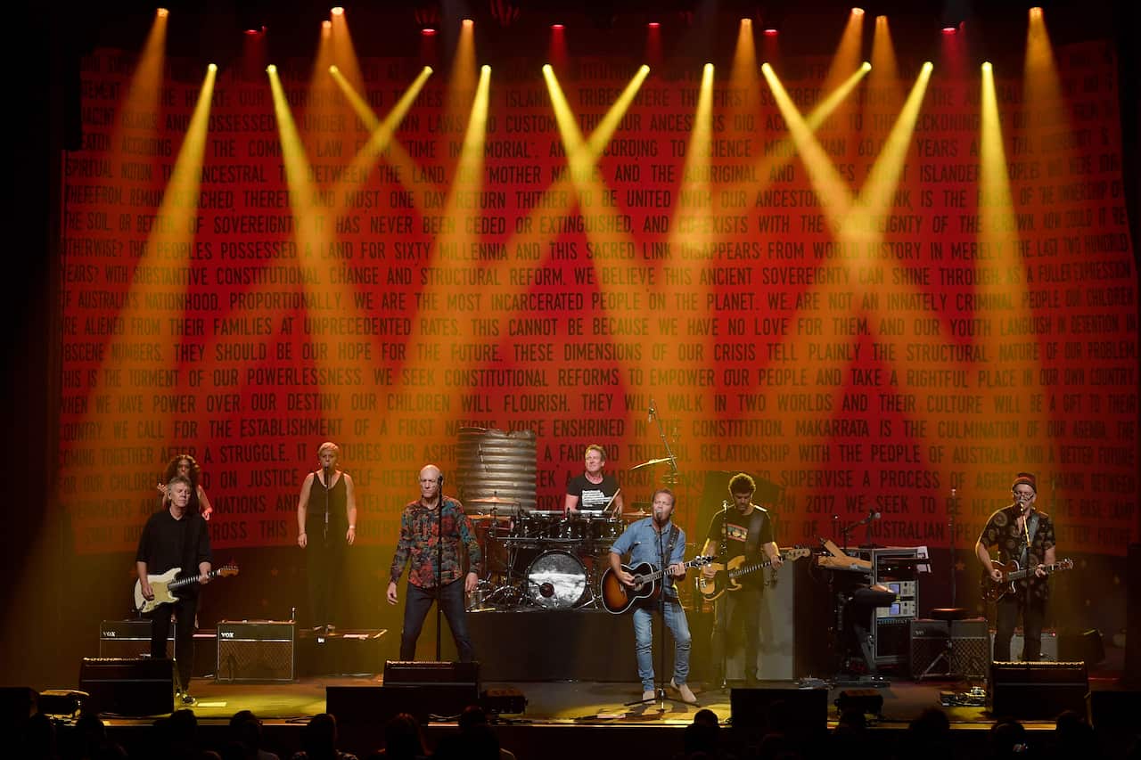 Midnight Oil and Troy Cassar-Daley at the Enmore Theatre, in Sydney, Thursday, February 25, 2021.