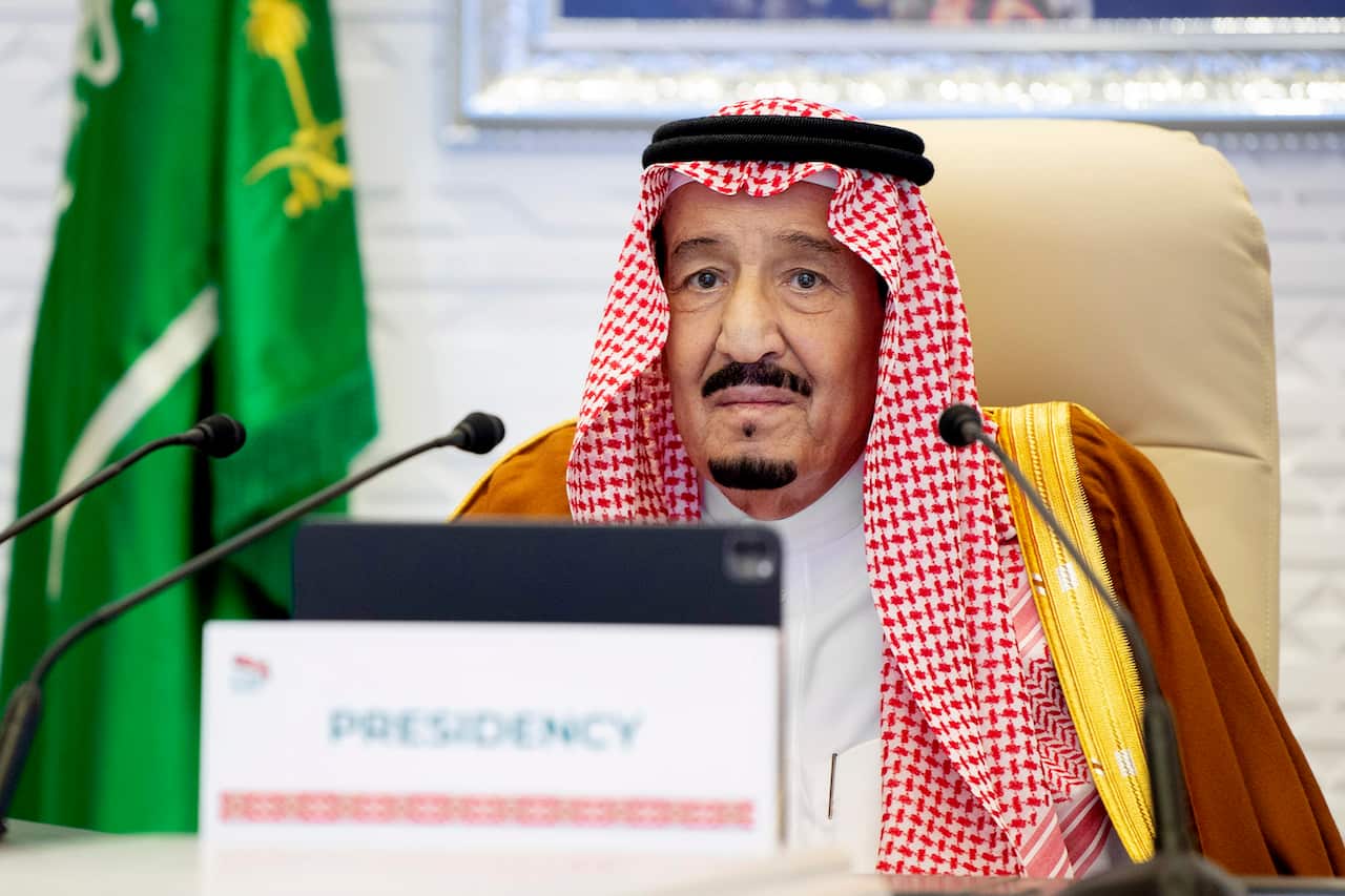 Saudi King Salman gives his opening remarks at a virtual G20 summit hosted in Riyadh, Saudi Arabia, Saturday, Nov. 21, 2020. 