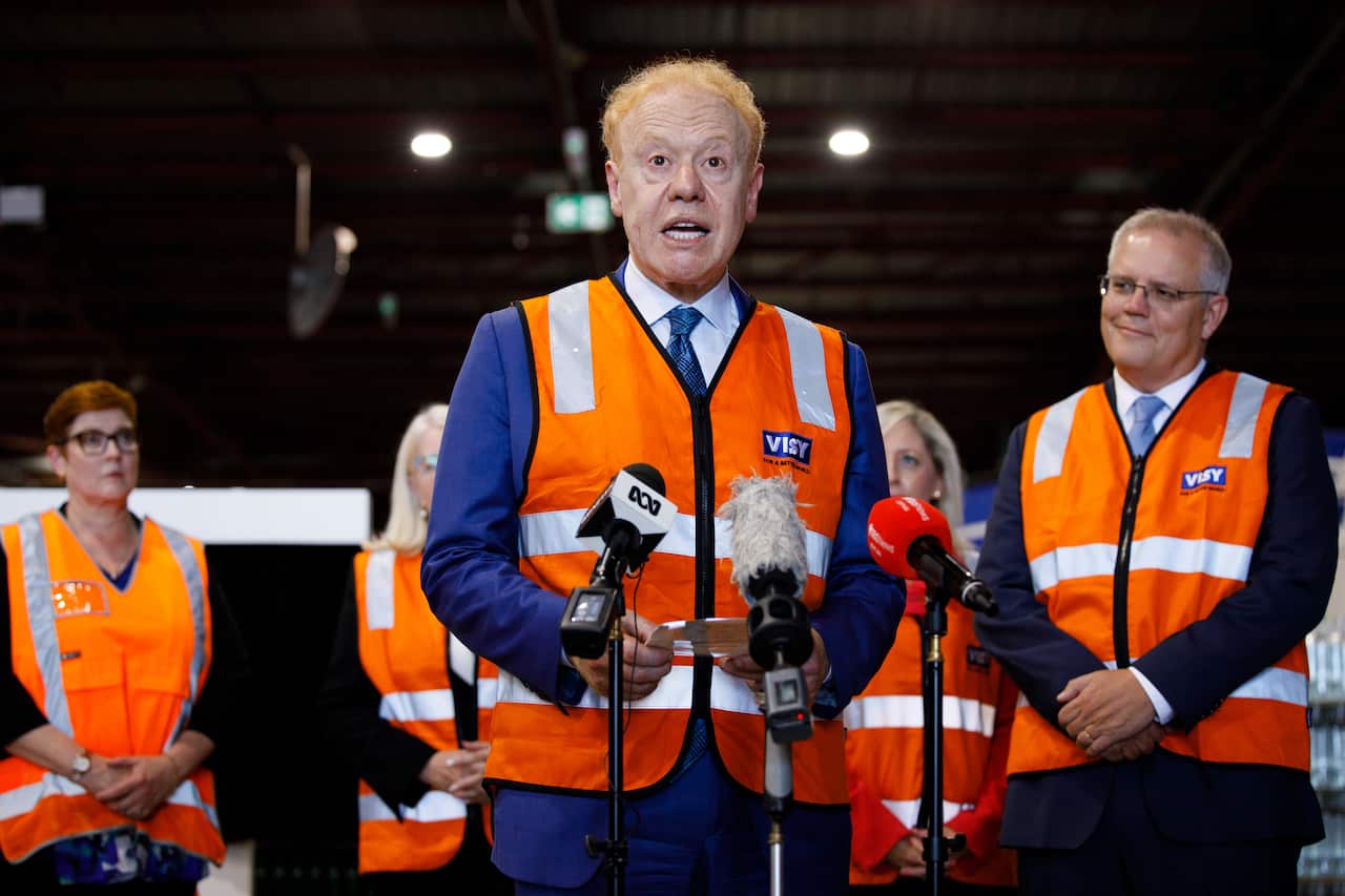 Anthony Pratt speaks to media alongside Prime Minister Scott Morrison during a press conference the Visy Manufacturing facility in Penrith, 26 February, 2021. 