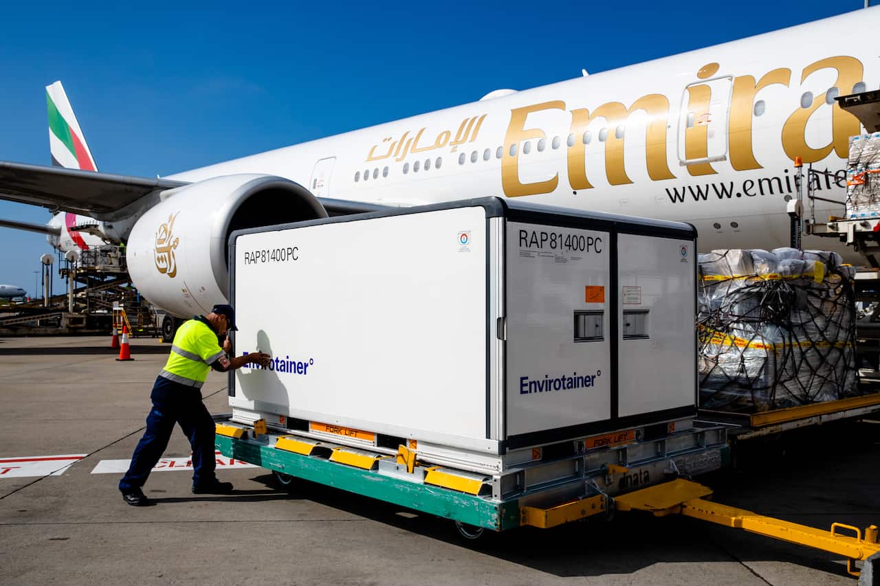 The first Australian shipment of AstraZeneca COVID-19 vaccines arriving in Sydney in February.