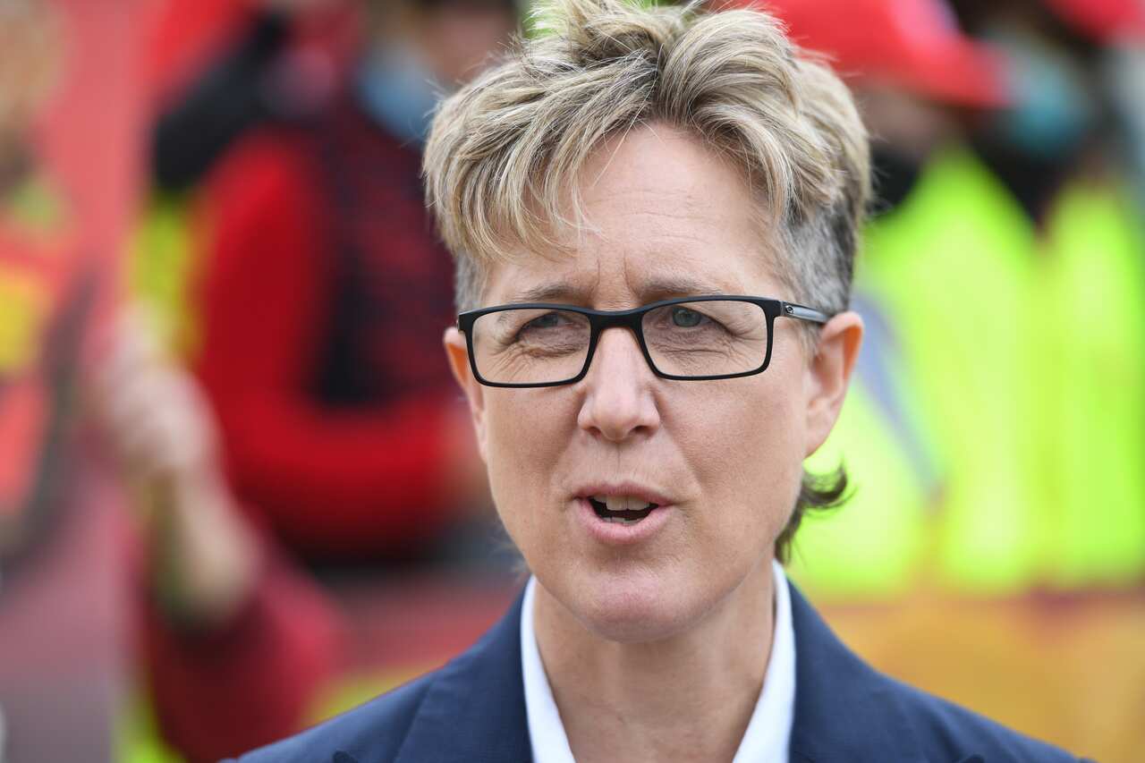 ACTU Secretary Sally McManus speaks to the media after visiting workers taking industrial action outside McCormick Foods in Melbourne, Thursday, March 4, 2021. (AAP Image/Erik Anderson) NO ARCHIVING