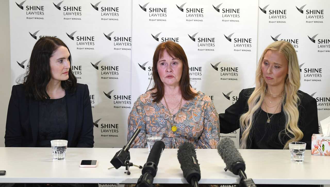 Rebecca Jancauskas (left) from Shine Lawyers, Pelvic mesh victim Peta Bennett (centre) and her daughter Allison Welch (right) pictured during the conference.