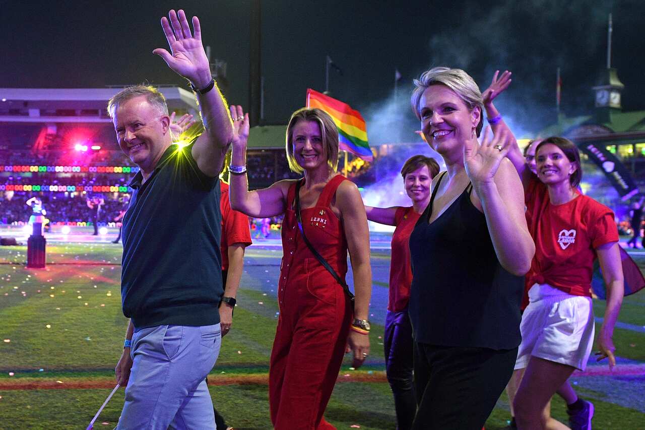 Federal Opposition Leader Anthony Albanese, Labor Senator Kristina Keneally and Federal Member for Sydney Tanya Plibersek take part in Mardi Gras.