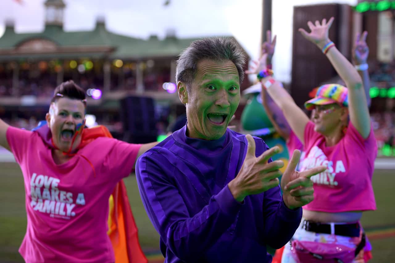 Former purple Wiggle Jeff Fatt takes part in the 43rd annual Gay and Lesbian Mardi Gras parade at the SCG in Sydney, Saturday, March 6, 2021. (AAP Image/Dan Himbrechts) NO ARCHIVING
