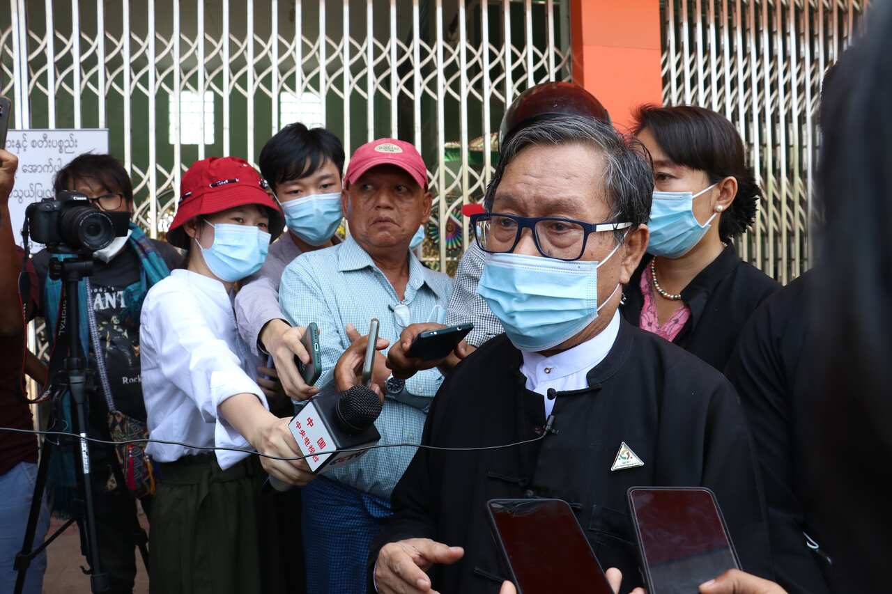 Khin Maung Zaw (C), lawyer of Myanmar democracy icon Aung San Suu Kyi, speaksafter a virtual hearing was unable to proceed in Naypyidaw, Myanmar, on 15 March. 
