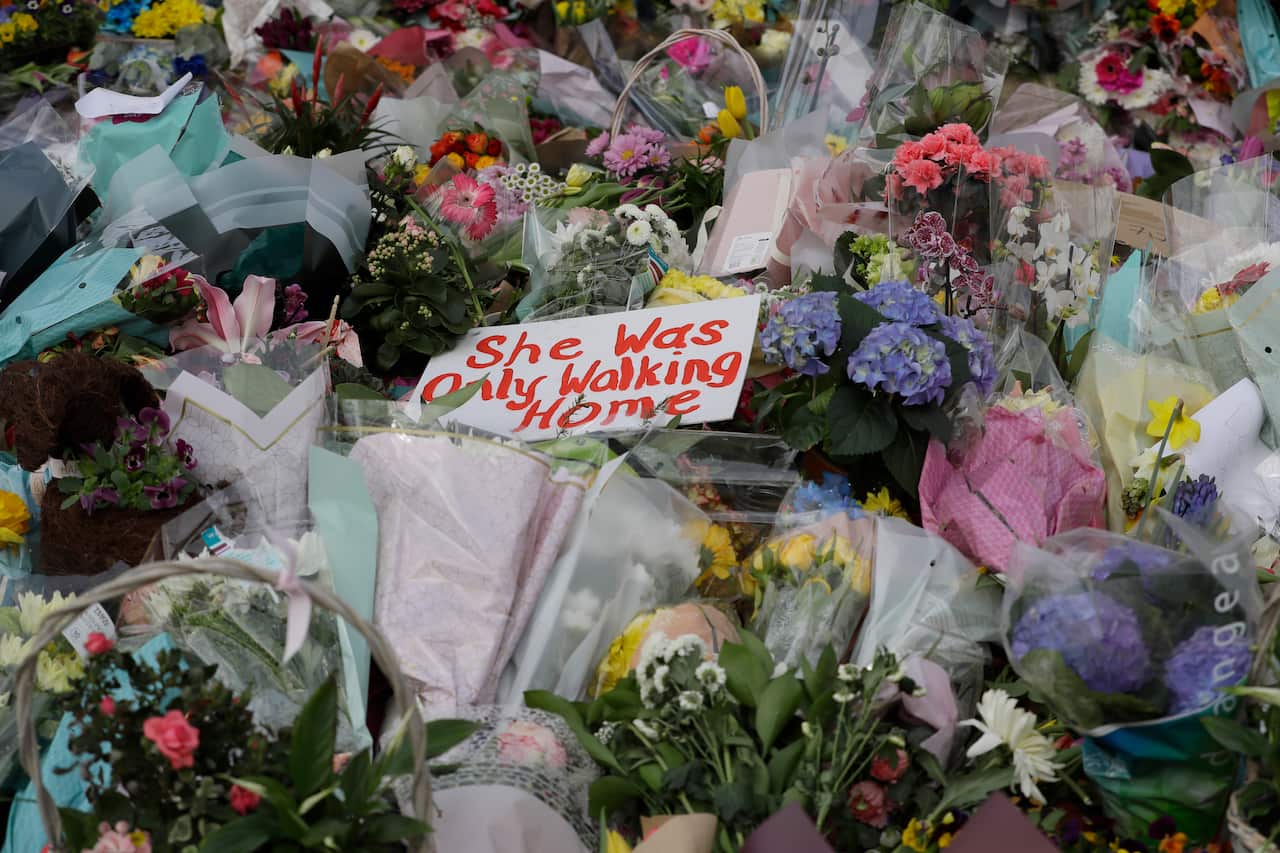 Floral tributes and candles placed at the bandstand on Clapham Common, London, on 15 March, 2021. 