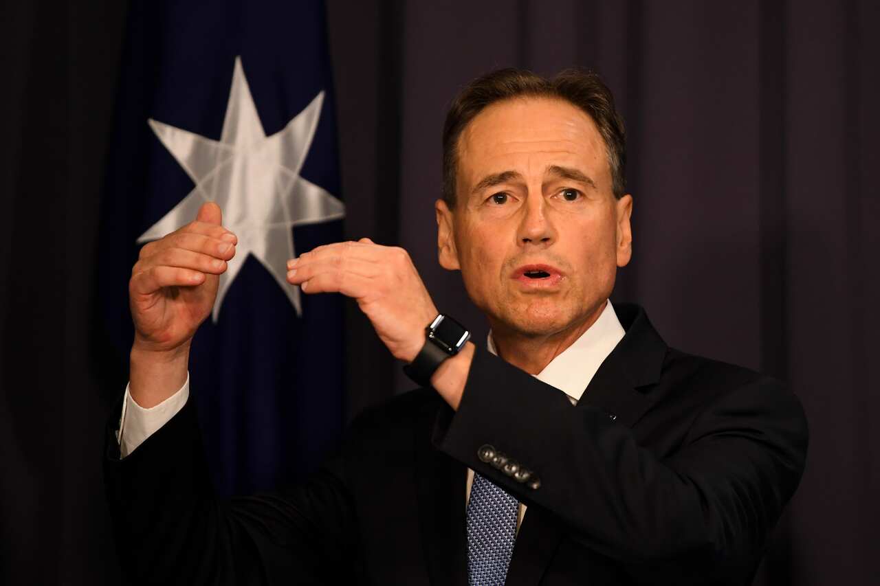 Australian Health Minister Greg Hunt speaking to the media during a press conference at Parliament House in Canberra