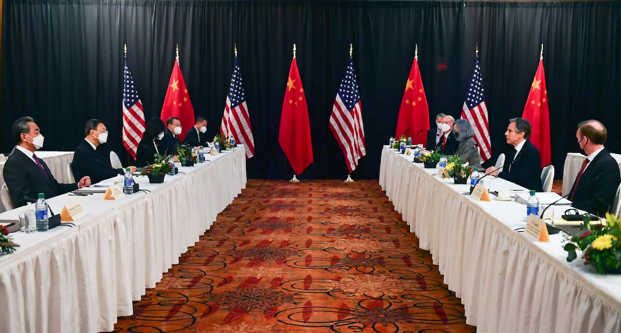 The opening session of US-China talks at the Captain Cook Hotel in Anchorage, Alaska, 18 March, 2021.