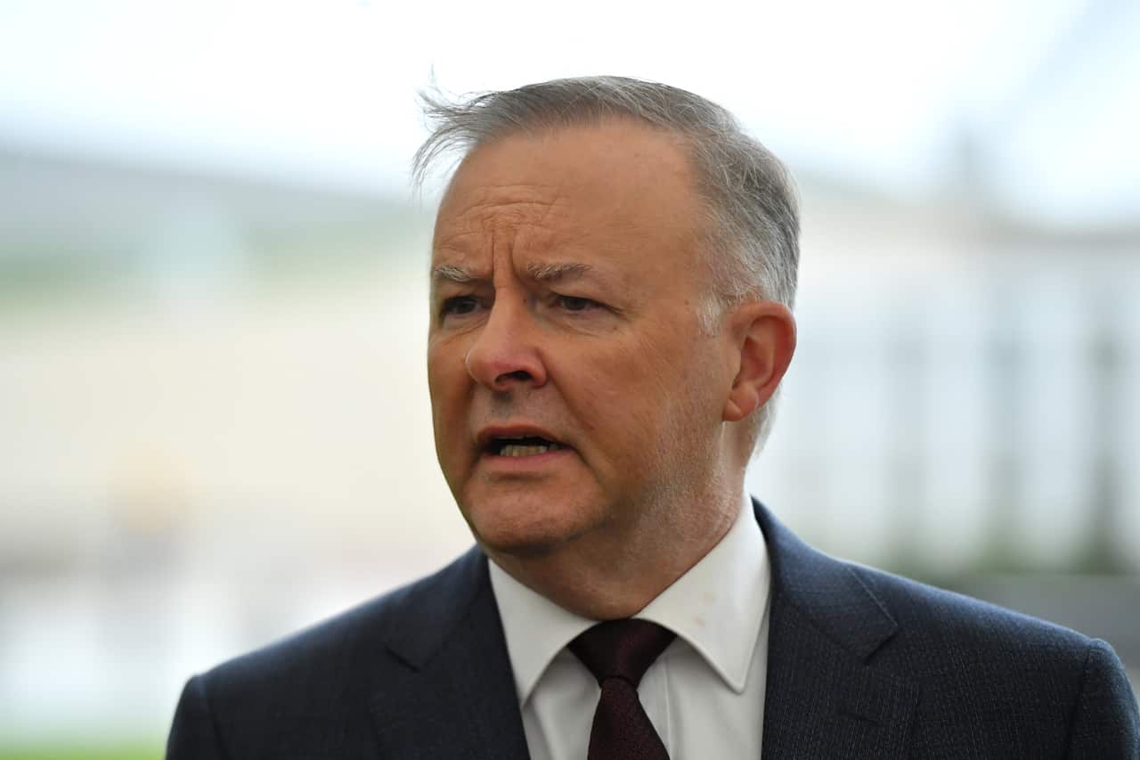 Leader of the Opposition Anthony Albanese at a rally to protest veteran suicide outside Parliament House in Canberra, Monday, March 22, 2021. (AAP Image/Mick Tsikas) NO ARCHIVING