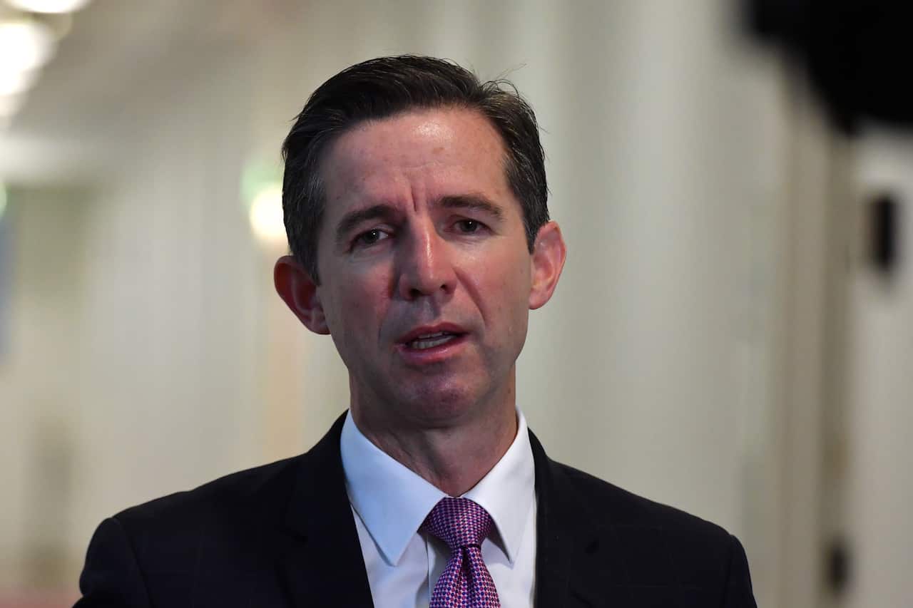Minister for Finance Simon Birmingham at a press conference at Parliament House in Canberra.