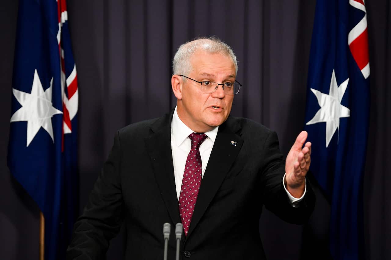 Scott Morrison speaks during a press conference at Parliament House in Canberra, Tuesday, March 23, 2021. 