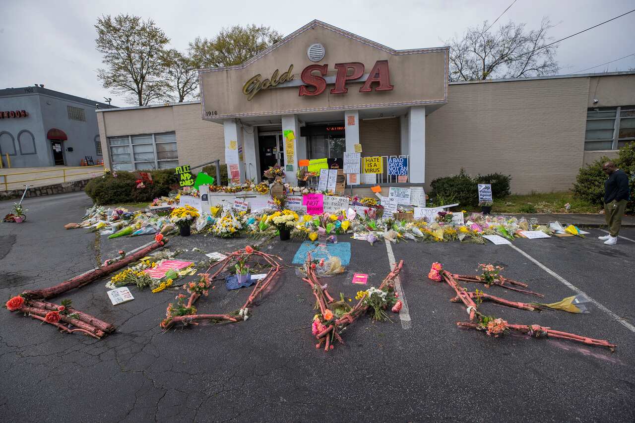 The scene of a massage parlor shootings in Atlanta, Georgia on 23 March 2021, in the aftermath of the Boulder, Colorado, grocery store shooting.