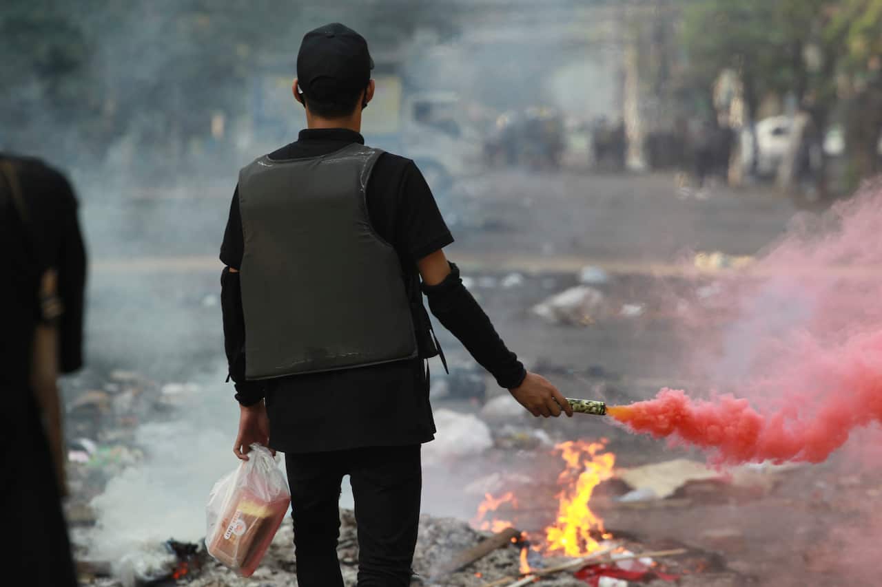 Anti-coup demonstrators during a protest in Tarmwe township, Yangon, April 1, 2021. 