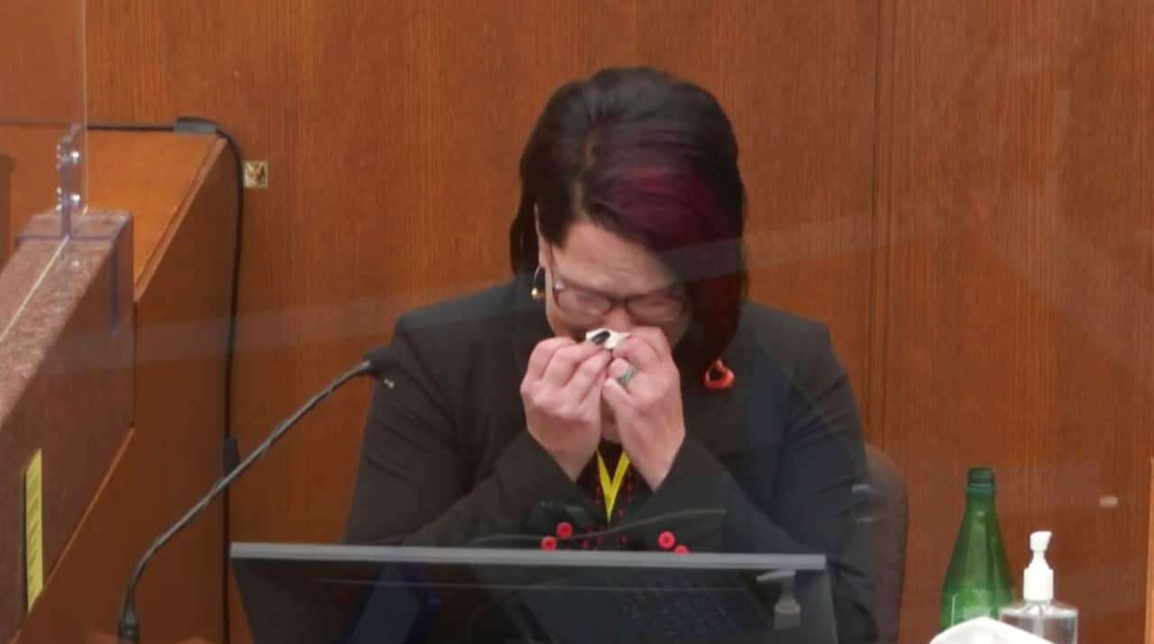 In this image from video, witness Courteney Ross answers questions in the trial of former Minneapolis police officer Derek Chauvin on Thursday.