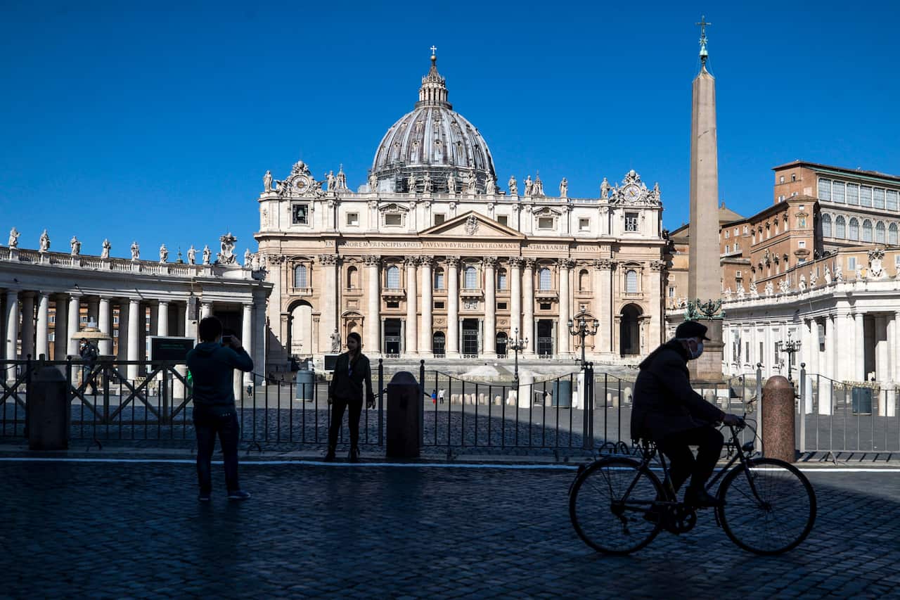 A view of the deserted St. Peter's Square during Easter Sunday Mass behind closed doors in St. Peter's Basilica