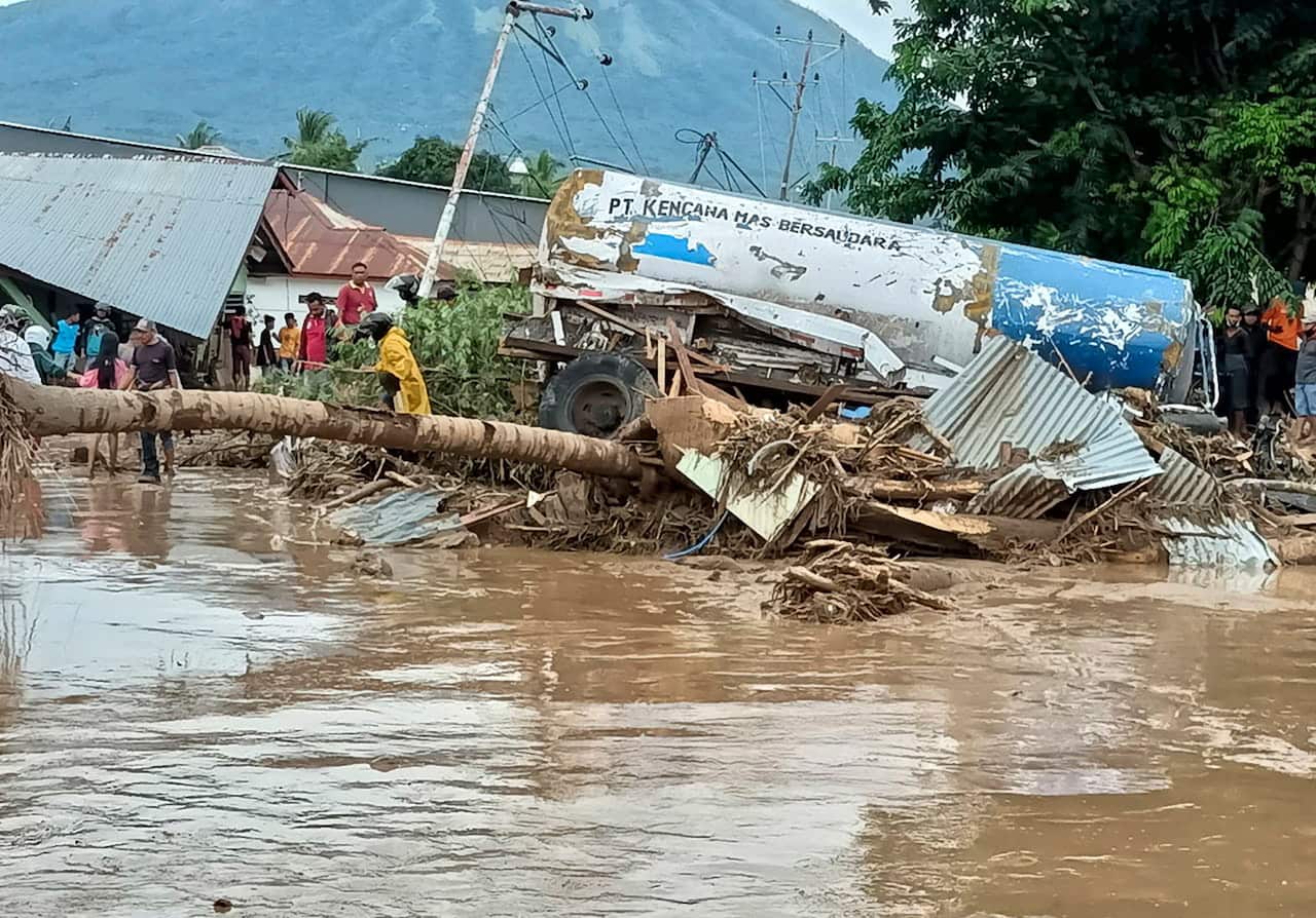 A photo made available by East Adonara Police station shows the aftermath of a flash flood in Adonara, East Flores, Indonesia, on 4 April.