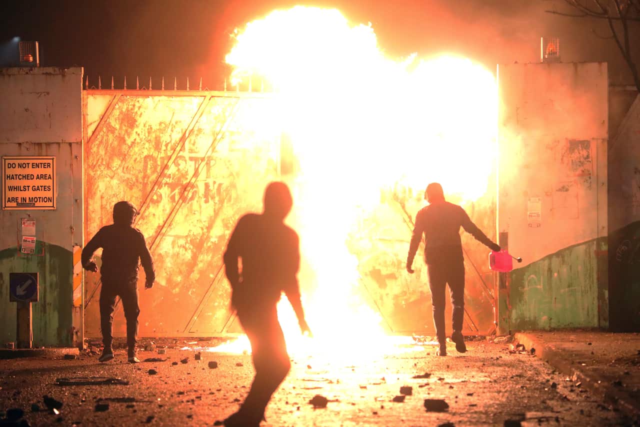 Clashes in West Belfast, Northern Ireland, Wednesday, April 7, 2021.