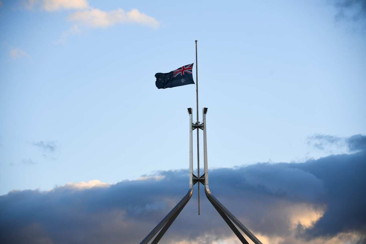 The Australian flag flies at half mast to commemorate the death of Prince Philip, the Duke of Edinburgh, at Parliament House in Canberra. 