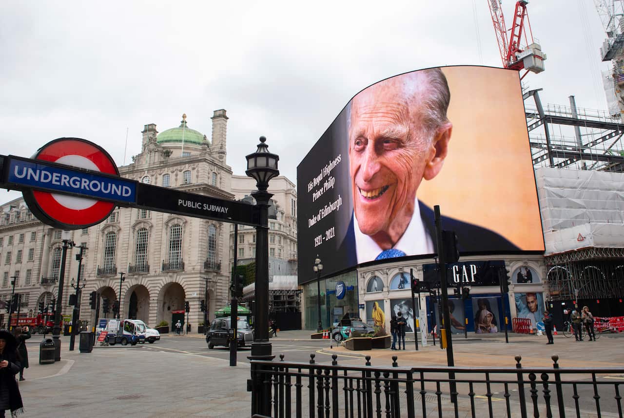 A tribute to Prince Philip is displayed on a large screen in Piccadilly Circus, London 9 on April, 2021.