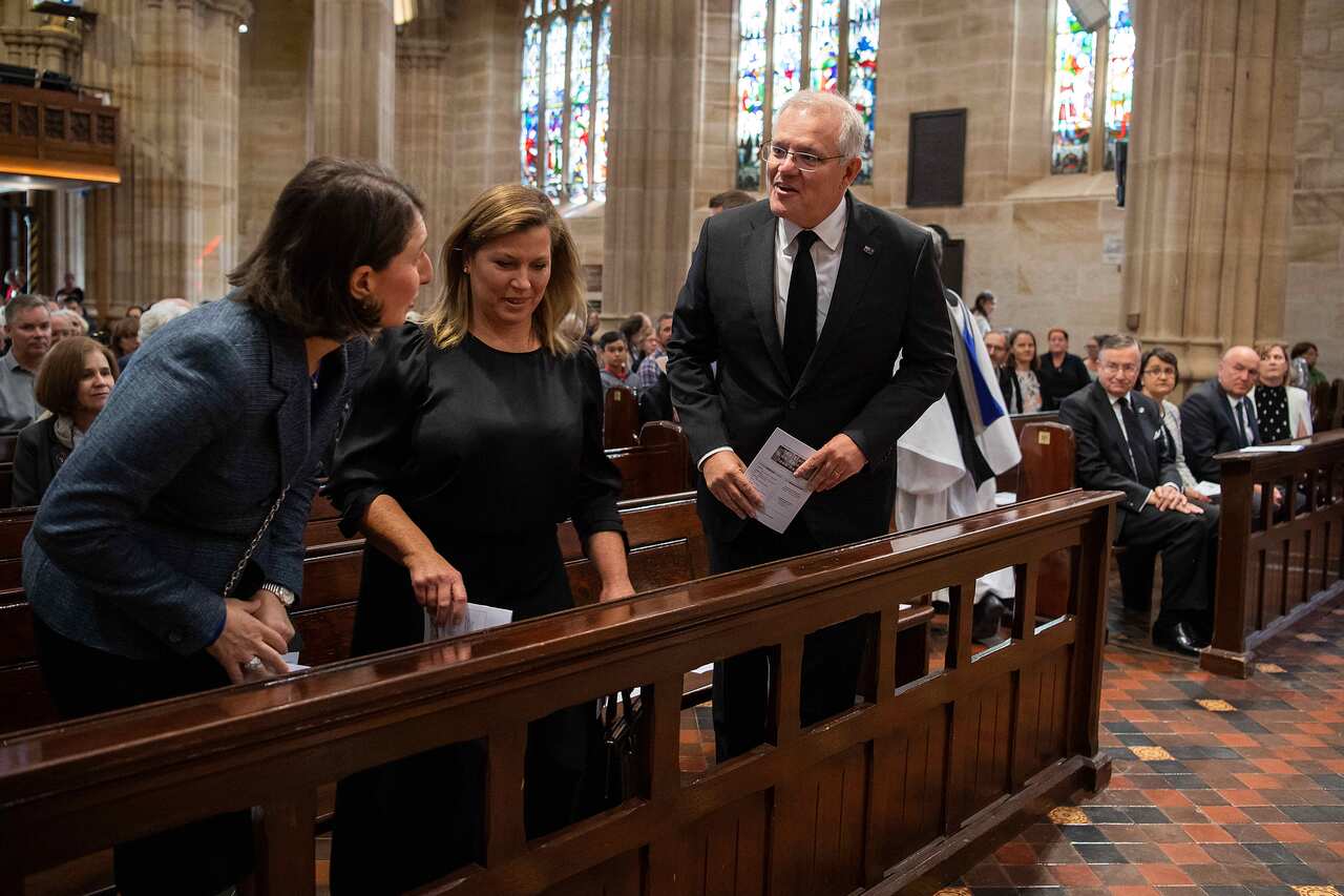 NSW Premier Gladys Berejiklian, Jenny Morrison and Prime Minister Scott Morrison at St Andrew's Cathedral in Sydney, 11 April, 2021.              
