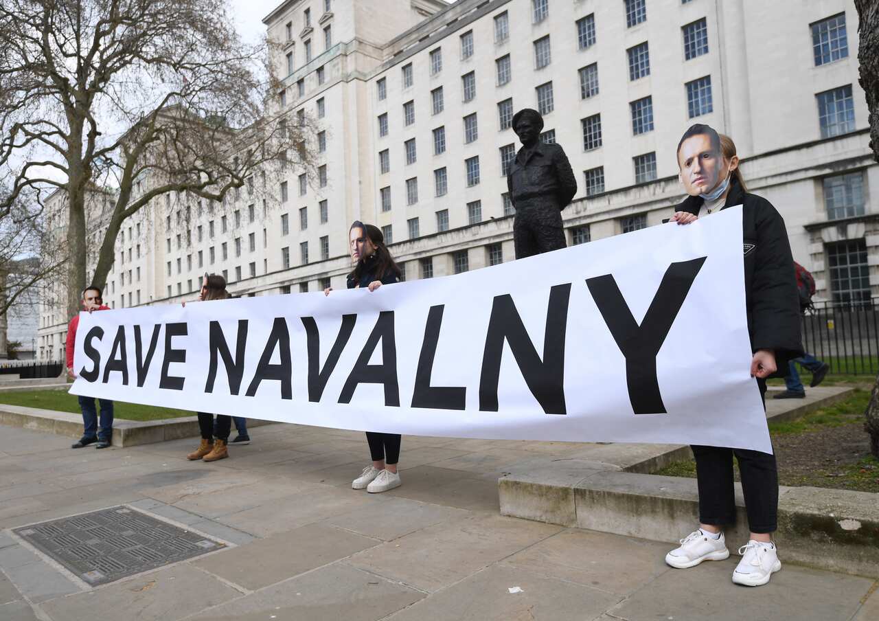 Supporters of Alexei Navalny stage a demonstration outside Downing Street in London, Britain, on 13 April.