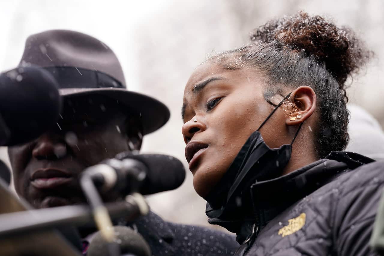 Chyna Whitaker speaks during a news conference, Tuesday, in Minneapolis. 