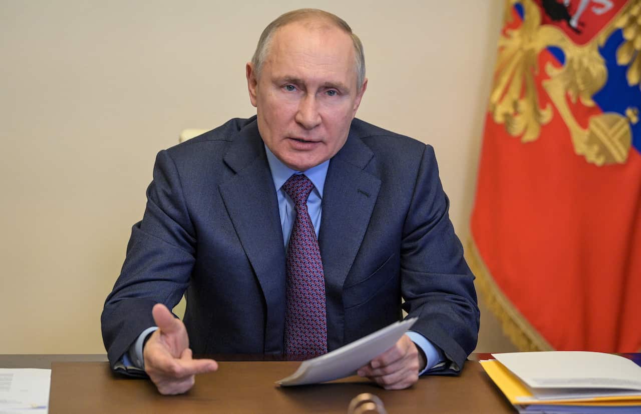 Russian President Vladimir Putin attends a video conference joint meeting of the State Council Presidium and the Agency for Strategic Initiatives.