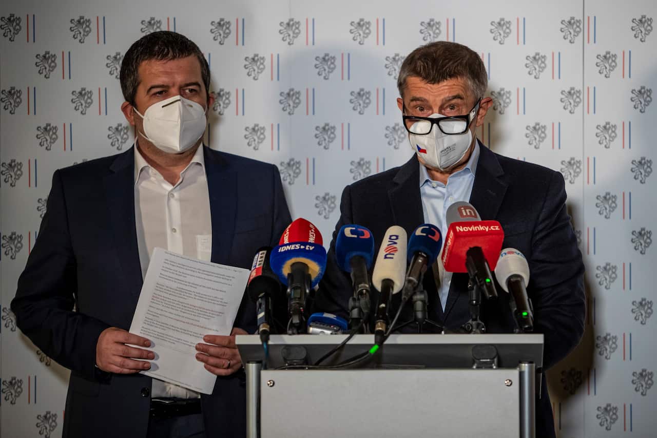 Czech Foreign Minister Jan Hamacek (L) and Czech Prime Minister Andrej Babis (R) address a joint press conference, at the Czernin Palace in Prague