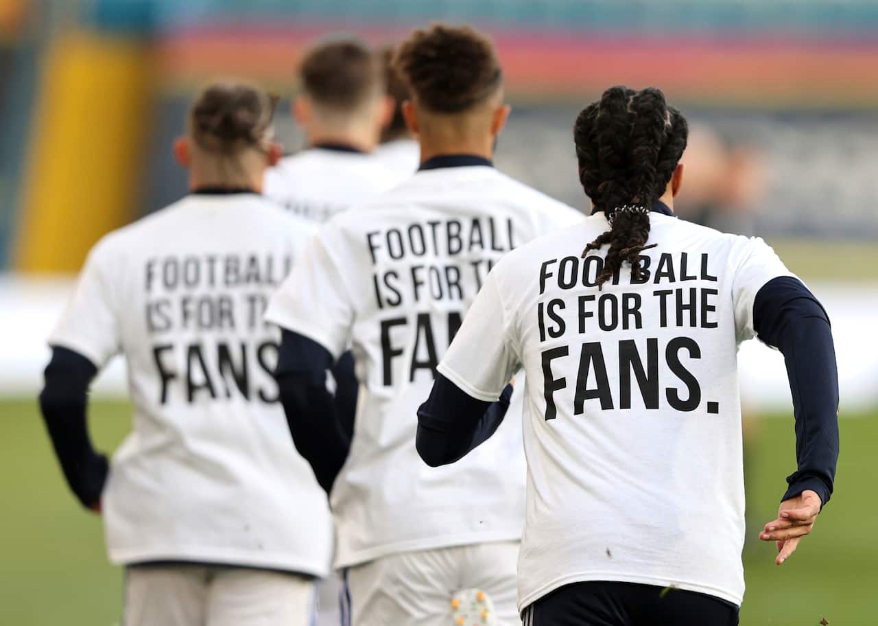 Leeds United players wore protest t-shirts saying 'football is for the fans' ahead of theit English Premier League match against Liverpool on Tuesday